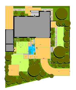 Vor-Entwurf 2 Garten mit Terrasse, Garagenzufahrt, Teich und Palisaden aus Granit