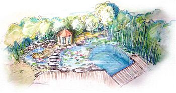 mediterrane G�rten: Planung in 3D Ansichtsskizze f�r den Schwimmteich