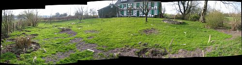 Blick zum Haus und zur Roßkastanie über die zukünftige Teichanlage