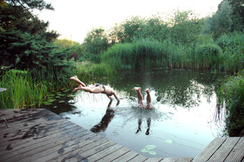 Sprung vom Steg in den Teich