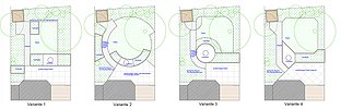 Gartenplanung für einen Reihenhausgarten in verschiedenen Varianten